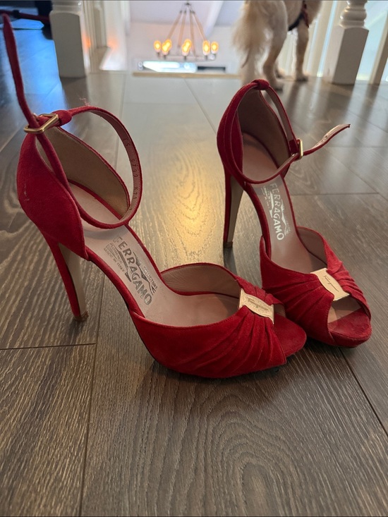 Salvatore Ferragamo Shoes - Salvatore Ferragamo Red Suede Peep-Toe Ankle-Strap Heels with Gold Plaque